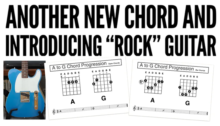 beginners guitar lesson with a new chord and the introduction of rock guitar